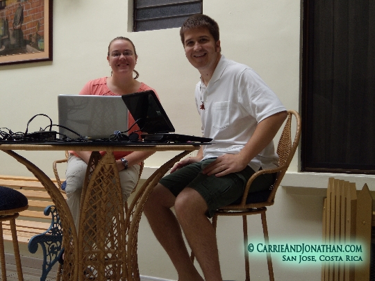 Carrie on the phone at Hotel Adventure Inn, in San Jose, Costa Rica