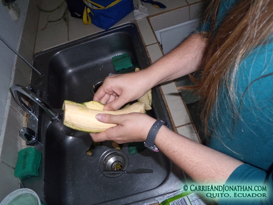 making chifles from green plantain in Ecuador